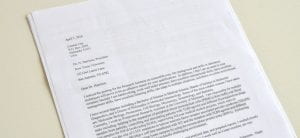 Picture of a formal cover letter typed on white paper