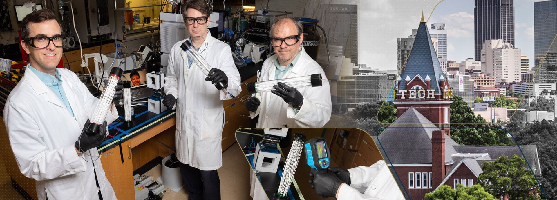 Collage image of three researchers in the lab, the Georgia Tech Tower, with the Atlanta skyline, and a closeup of a researcher’s hands working in another lab.