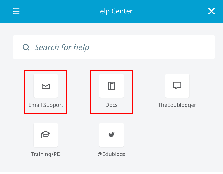 A screenshot of the built-in support tool's options, with "Email Support" and "Docs" highlighted as most relevant.