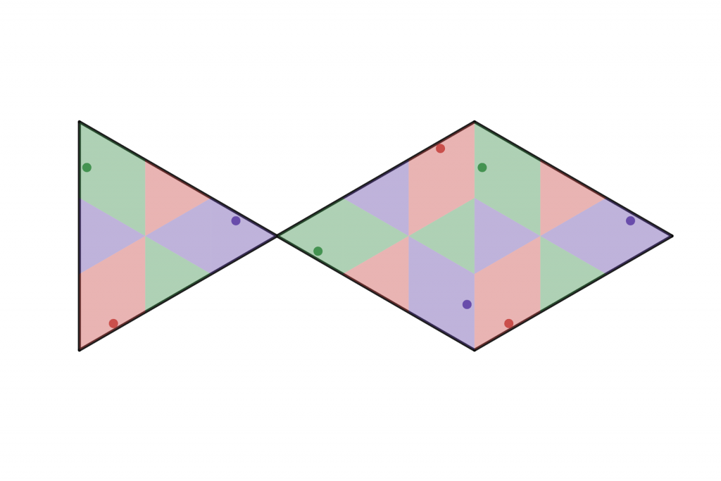 Triangular fish containing 9 smaller fish in colors of purple, green, and red