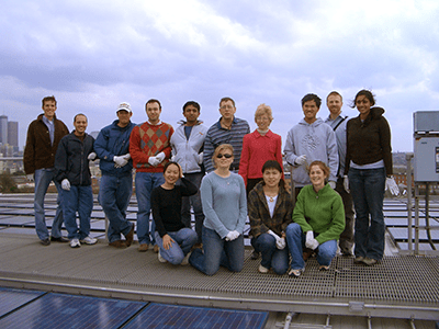 Energy Technology and Policy class at the solar power arrays on the roof of the Campus Recreation Center.